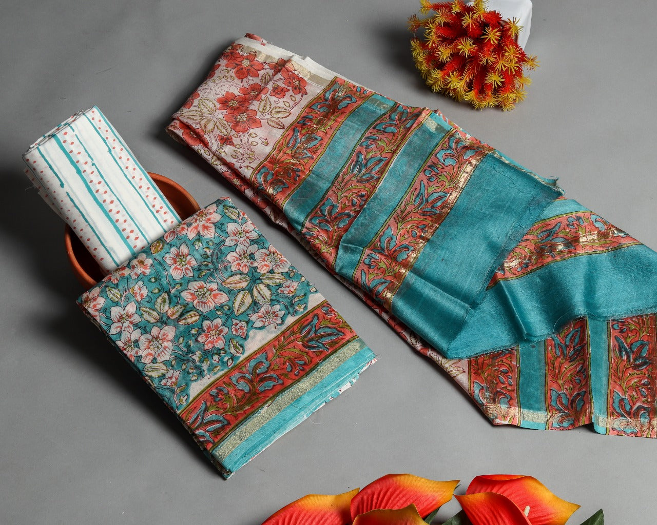 Shop Unstitched Hand Block Print Chanderi Silk Suit sets (CHA458)