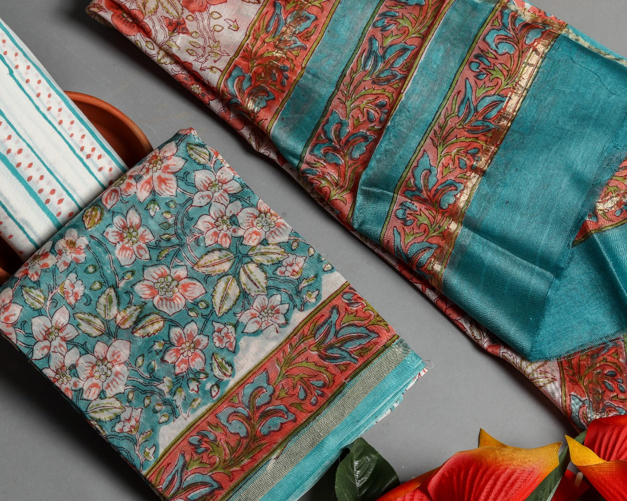 Shop Unstitched Hand Block Print Chanderi Silk Suit sets (CHA458)