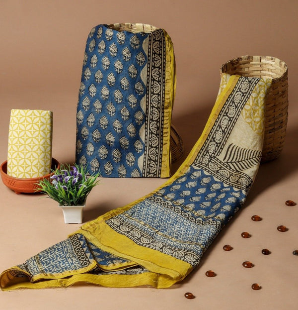 Shop Unstitched Hand Block Print Chanderi Silk Suit sets