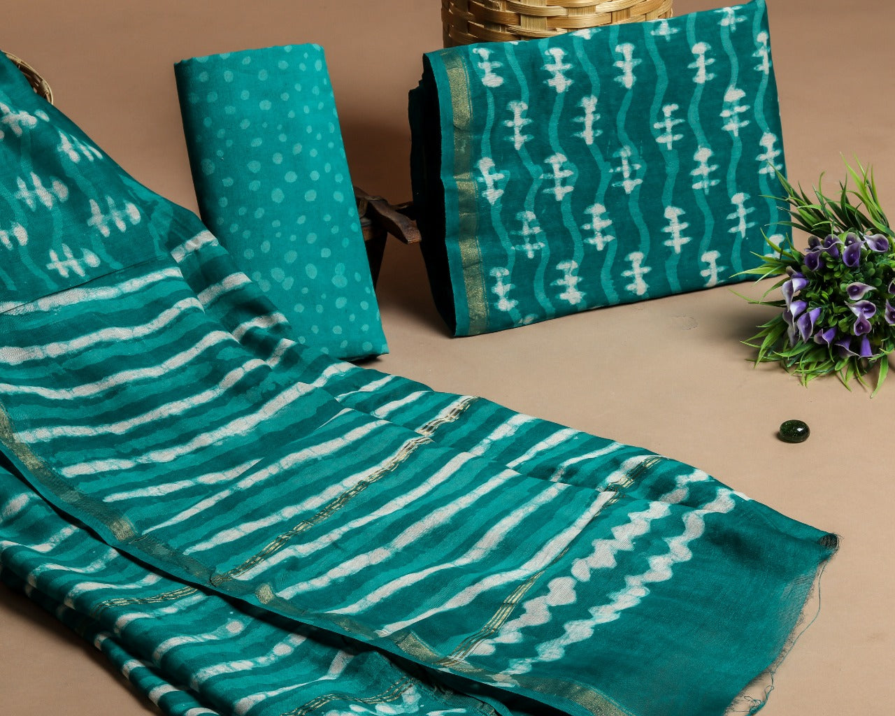Shop Unstitched Hand Block Print Chanderi Silk Suit Sets (CHA475)