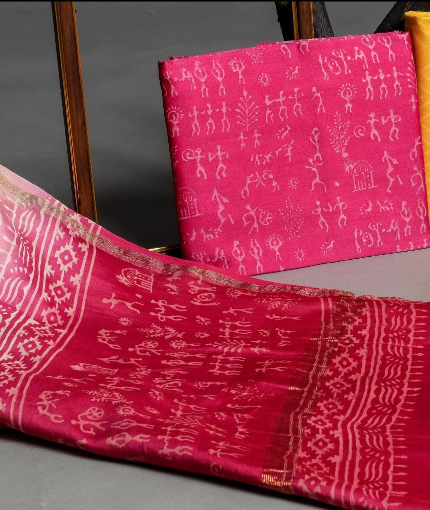 Shop Unstitched Hand Block Print Chanderi Silk Suit Sets (CHA481)