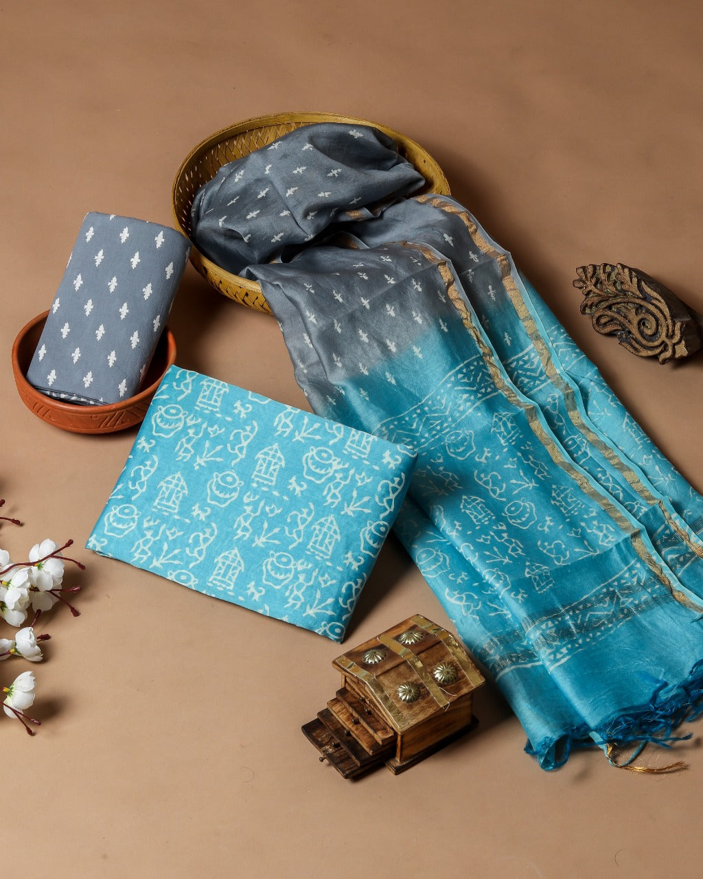 Shop Unstitched Hand Block Print Chanderi Silk Suit Sets online (CHA482)