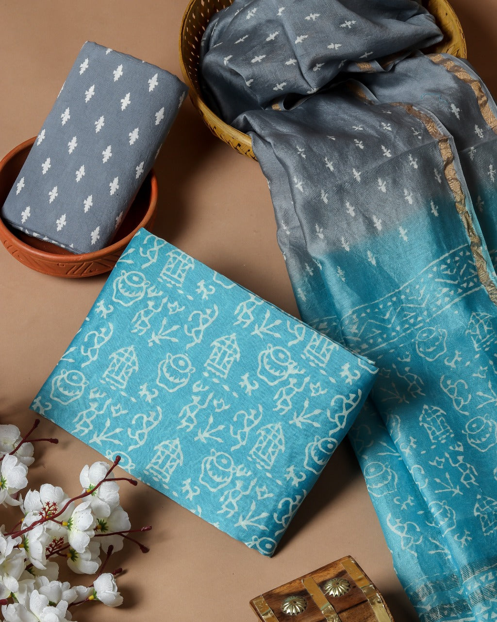 Shop Unstitched Hand Block Print Chanderi Silk Suit Sets online (CHA482)