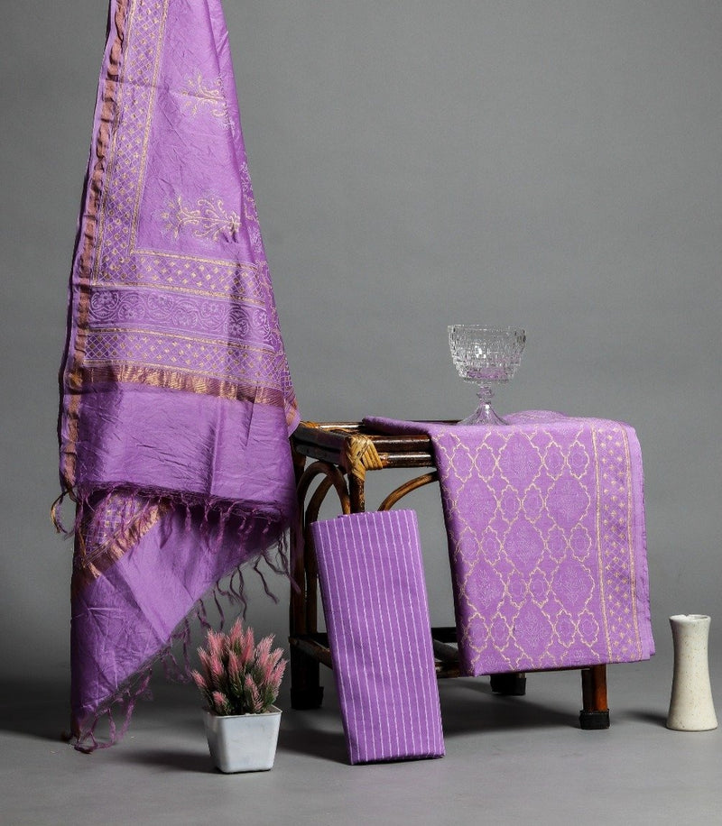 Shop Unstitched Hand Block Print Chanderi Silk Suit Sets (CHA484)