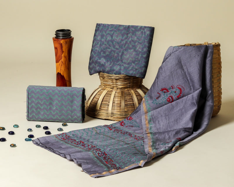Shop Unstitched Hand Block Print Chanderi Silk Suit Sets (CHA491)