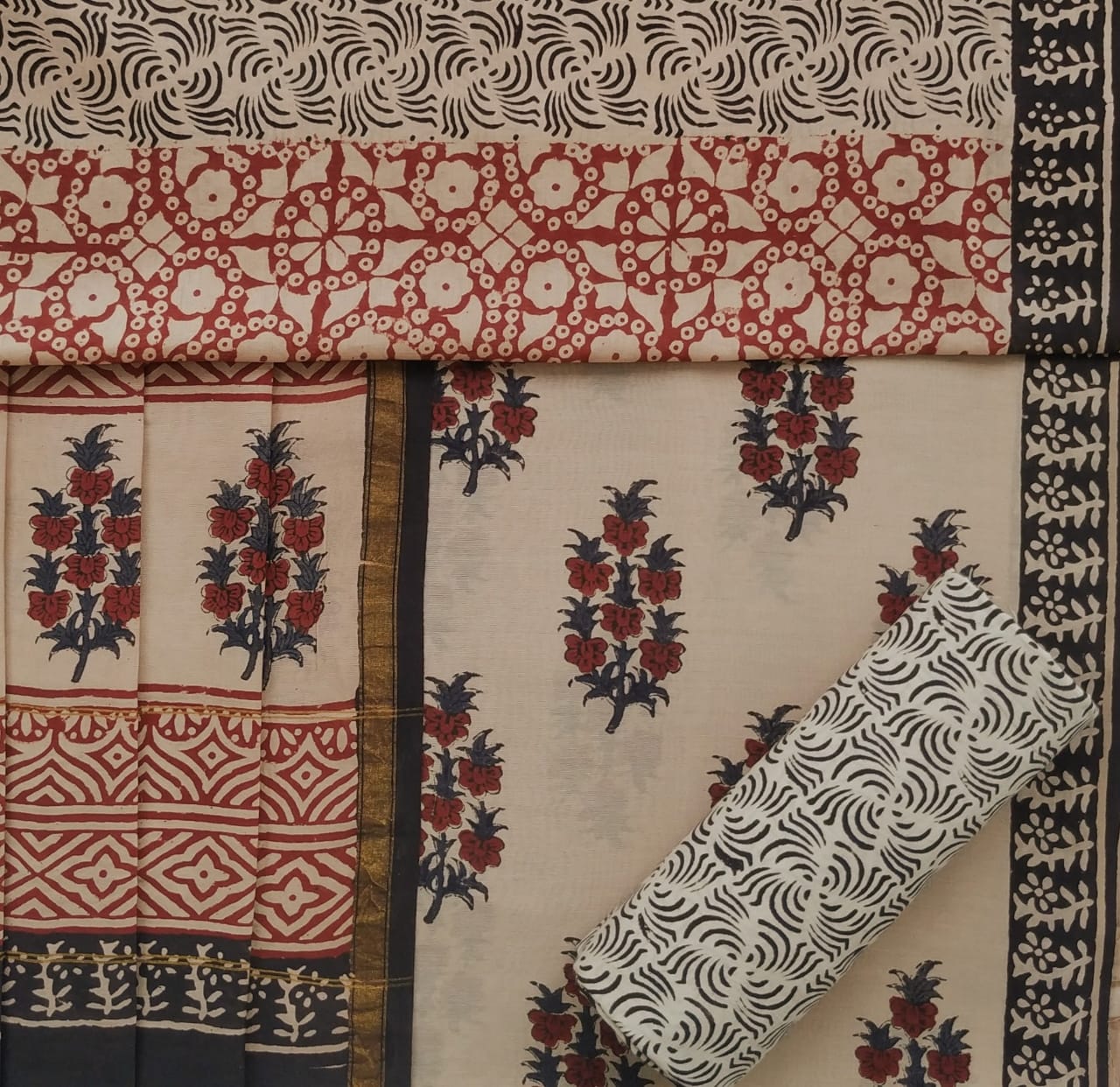 shop unstitched bagru print chanderi silk suit sets