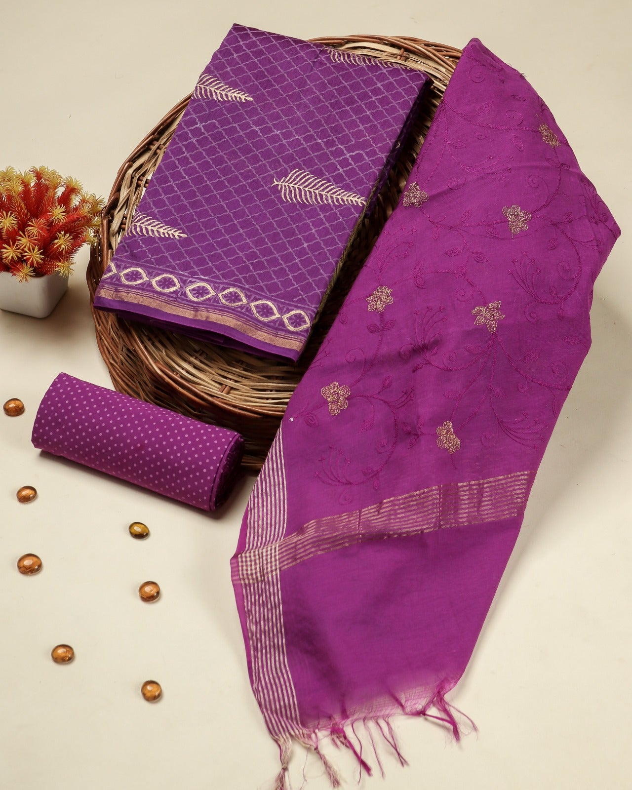 Shop unstitched chanderi silk suit with embroidered viscose dupatta (CHA790)