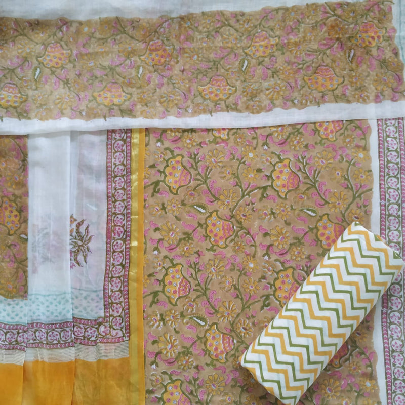 Hand Block Print Premium Cotton Suits with Chanderi Dupatta (CHD30) - ShalviFashion