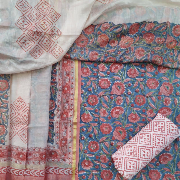 Floral Print Pure Cotton Suit with Premium Chanderi Silk Dupatta (CHD44) - ShalviFashion