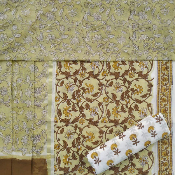Traditional Hand Block Floral Jaal Print Pure Cotton Suit with Premium Chanderi Silk Dupatta (CHD62)