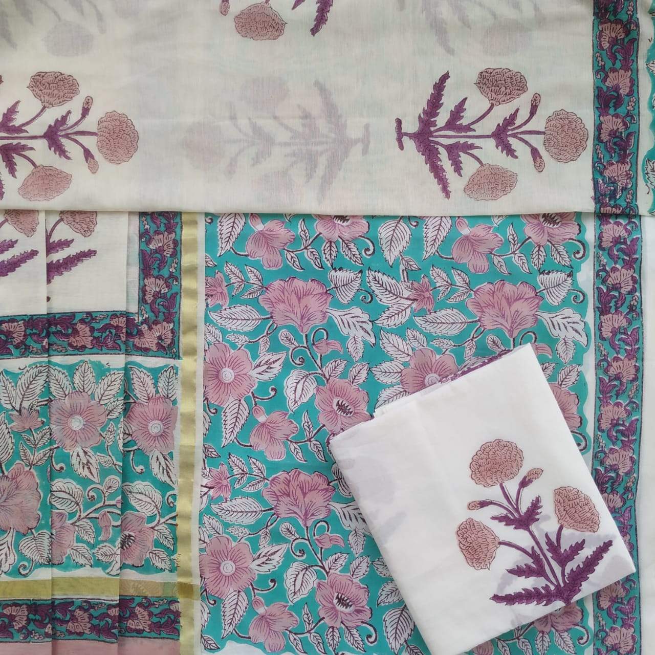 Hand Block Floral Printed Pure Cotton Suit with Premium Chanderi Silk Dupatta (CHD63)