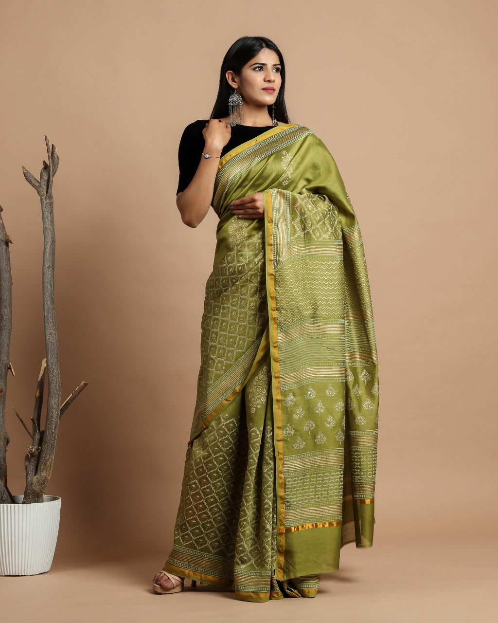 Shop Unstitched Khadi Gold Print Premium Chanderi Sarees (CHSAR36)