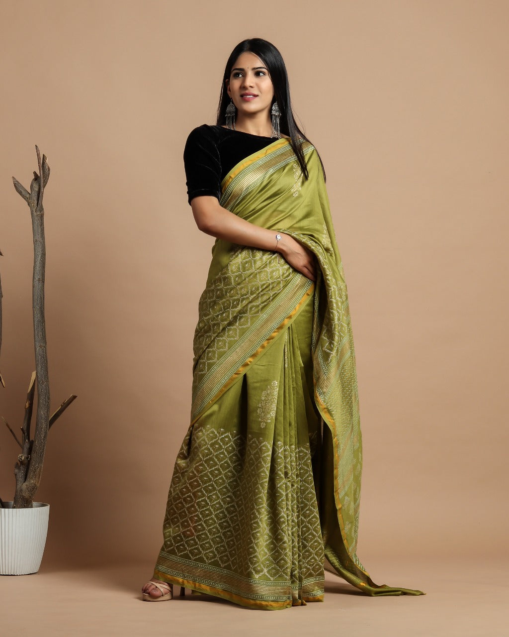 Shop Unstitched Khadi Gold Print Premium Chanderi Sarees (CHSAR36)