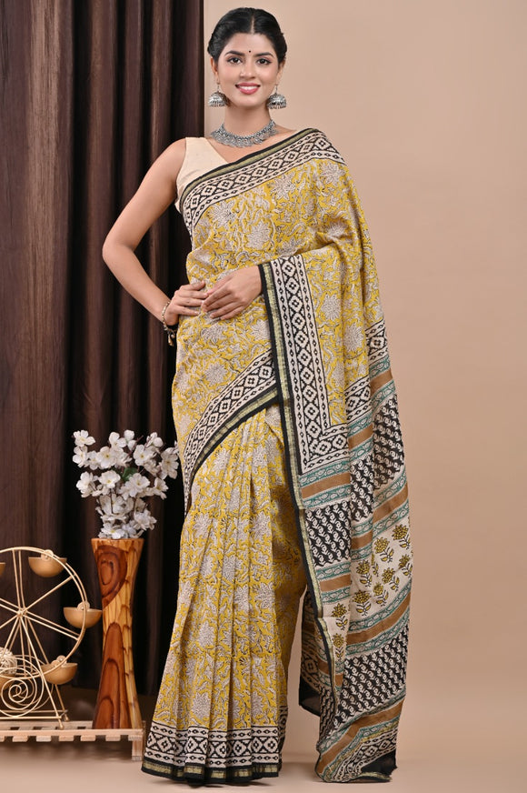 Black and carmine bagru print chanderi silk saree online | Kiran's Boutique