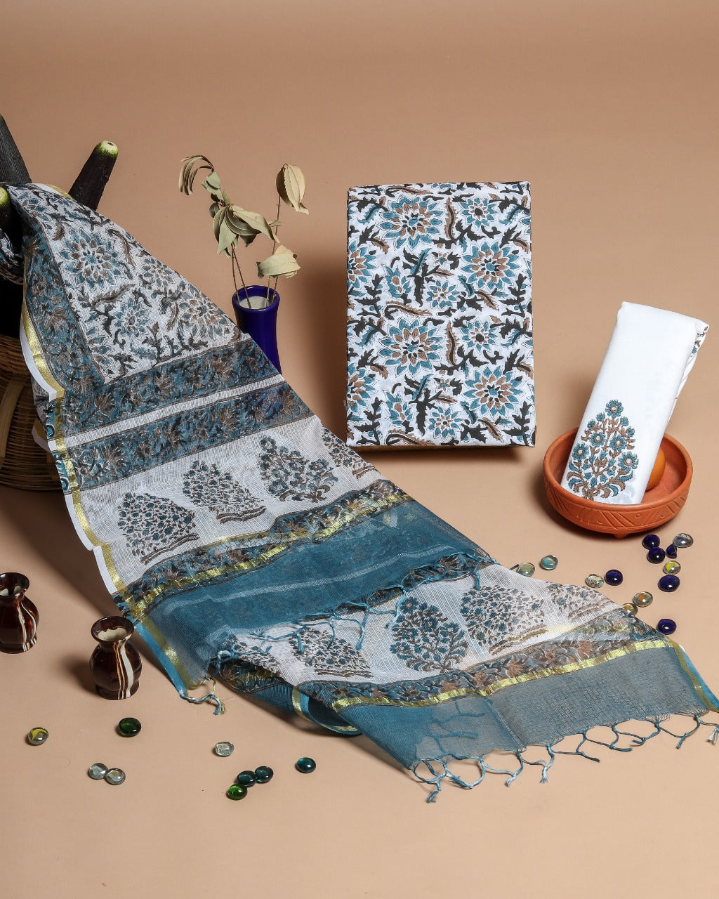Unstitched Cotton Dress Materials with Elegant Kota Doria Dupatta (CKS0035) - ShalviFashion