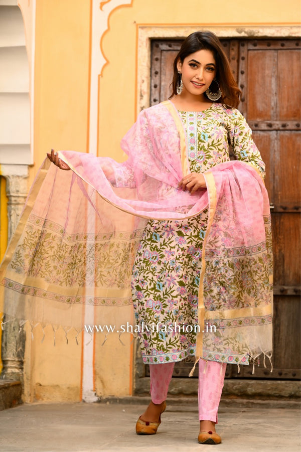 shop stitched hand block print cotton suit sets with organza dupatta online (CSS10)