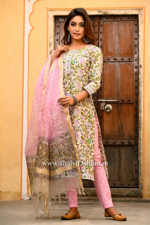 shop stitched hand block print cotton suit sets with organza dupatta online (CSS10)