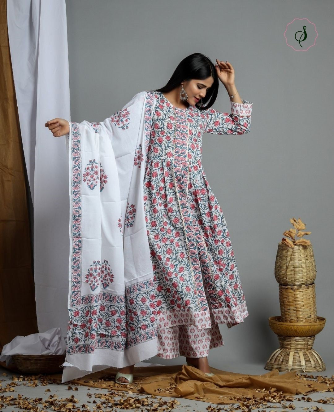 shop stitched hand block print cotton suit sets with mulmul dupatta (CSS11)