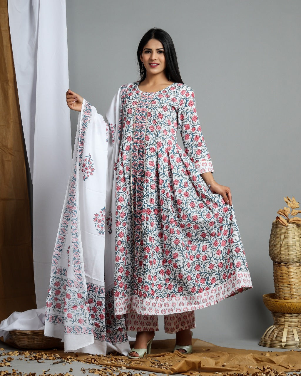 shop stitched hand block print cotton suit sets with mulmul dupatta (CSS11)