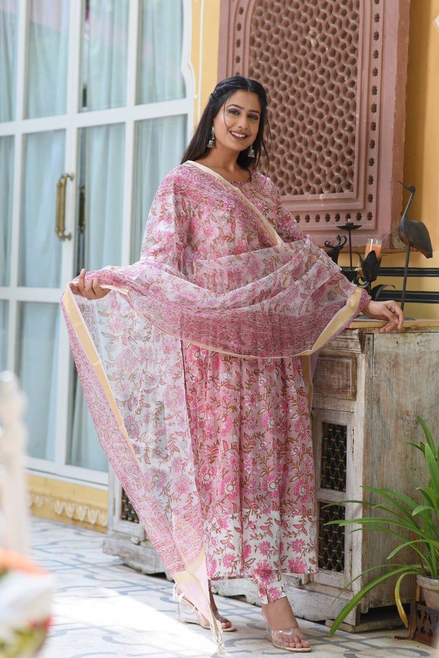 shop stitched hand block print cotton suit set with organza dupatta (CSS14ORG)