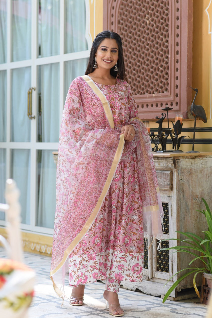 shop stitched hand block print cotton suit set with organza dupatta (CSS14ORG)