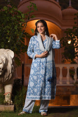 shop stitched hand block print cotton suit set with chiffon dupatta (CSS15CH)