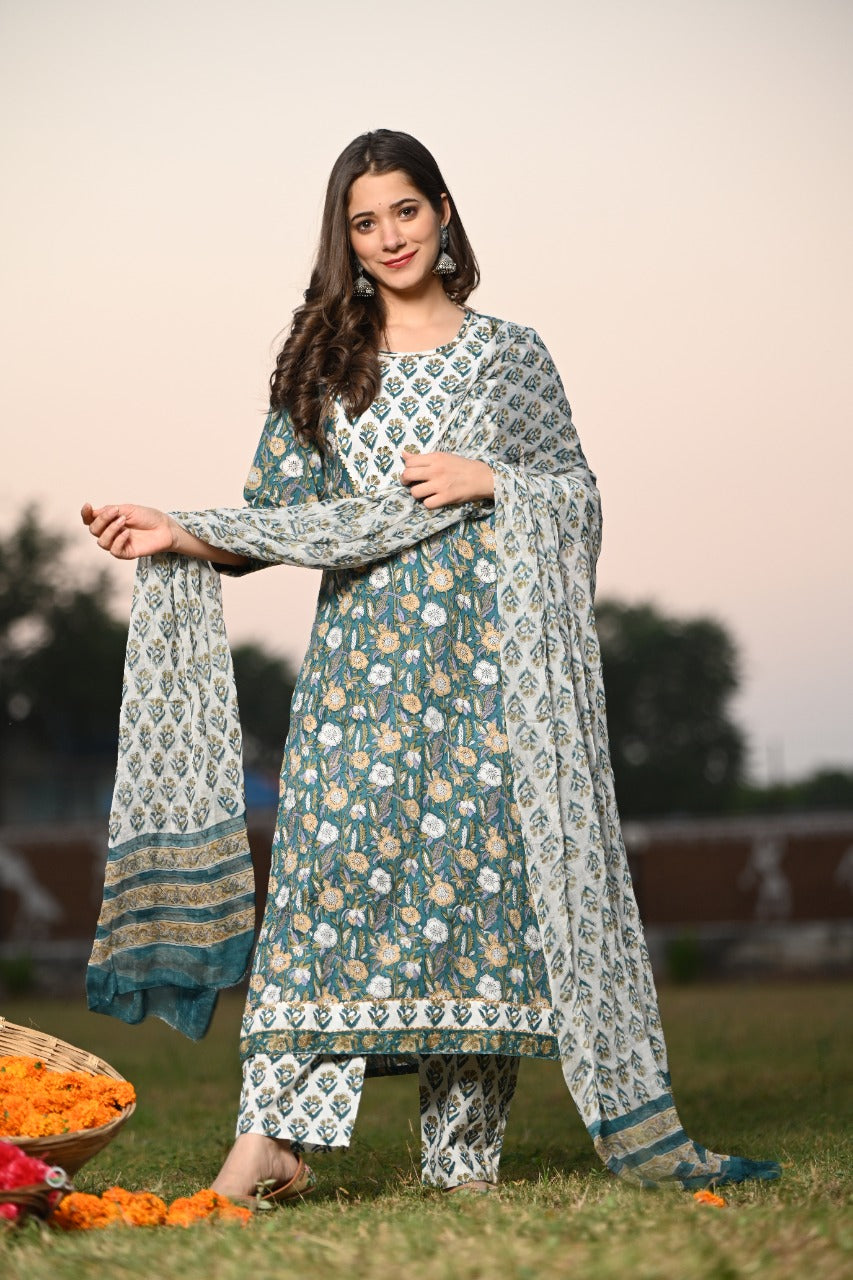 Shop cotton suit set with chiffon dupatta (CSS28CH)