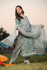 Shop cotton suit set with chiffon dupatta (CSS28CH)