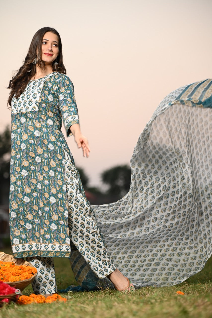 Shop cotton suit set with chiffon dupatta (CSS28CH)