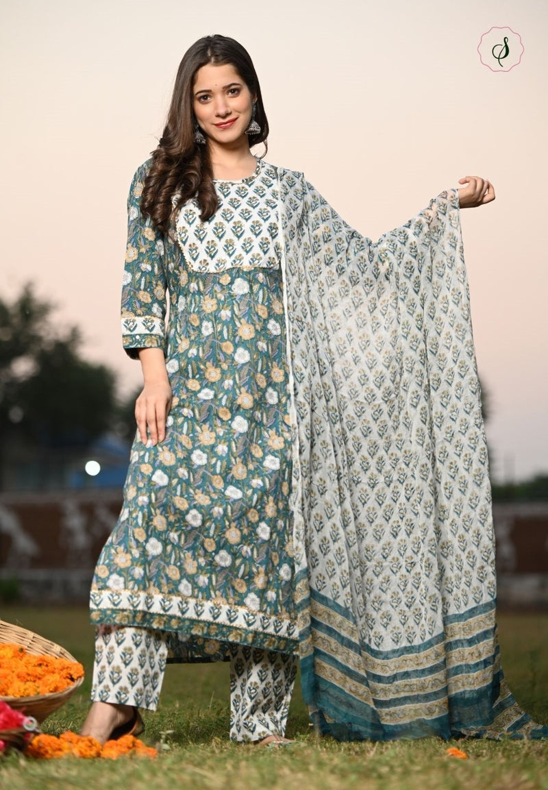 Shop cotton suit set with chiffon dupatta (CSS28CH)