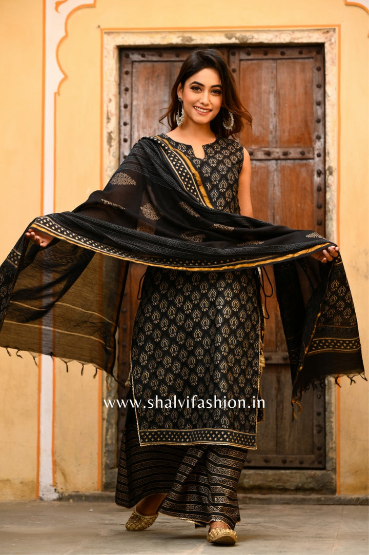 Black Silk Blend Solid Embroidered Flared Empire Suit Set PKSKD2045 – Ahika