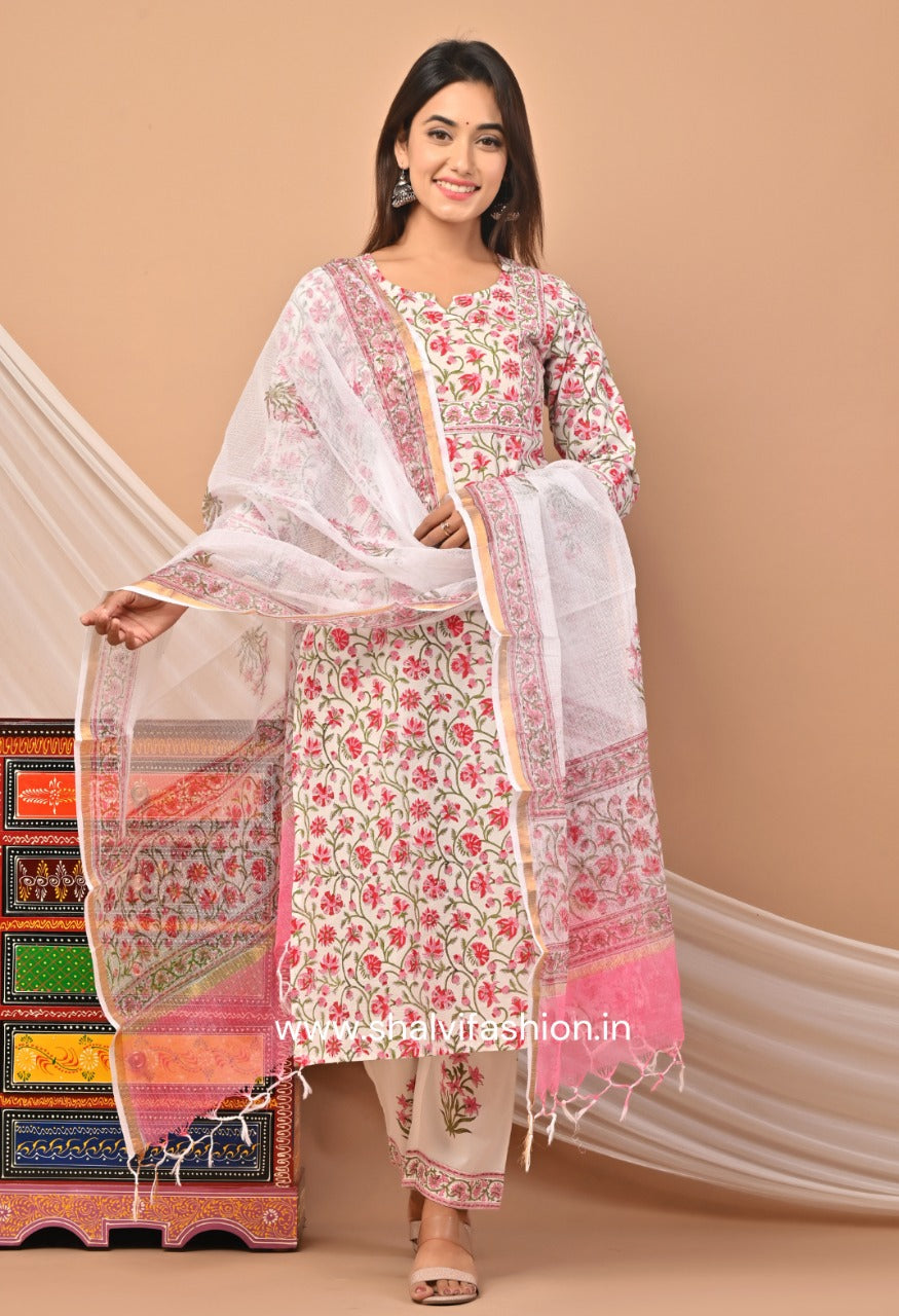 Shop jaipuri print cotton suit sets with kota doria dupatta online (CSS49KD)