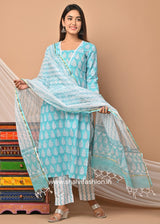 Shop block print cotton suit sets with doria dupatta online (CSS52KD)