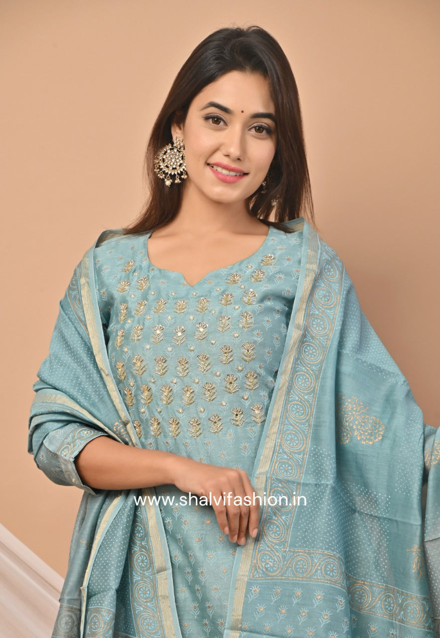 Shop zardosi hand work chanderi silk suit sets online (CSS55)