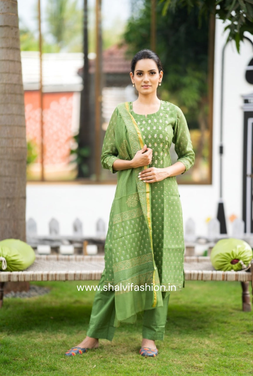 Shop hand work block printed chanderi silk suit sets online (CSS60)