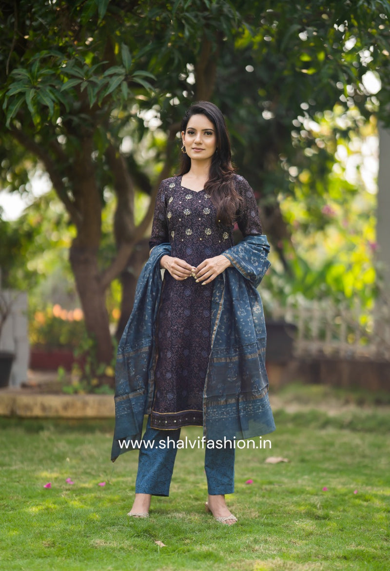 Shop zardosi work ajrak print maheshwari silk suits online (CSS63)