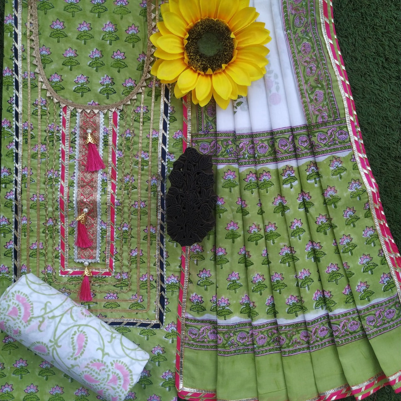 shop unstitched gota work suits with mulmul dupatta
