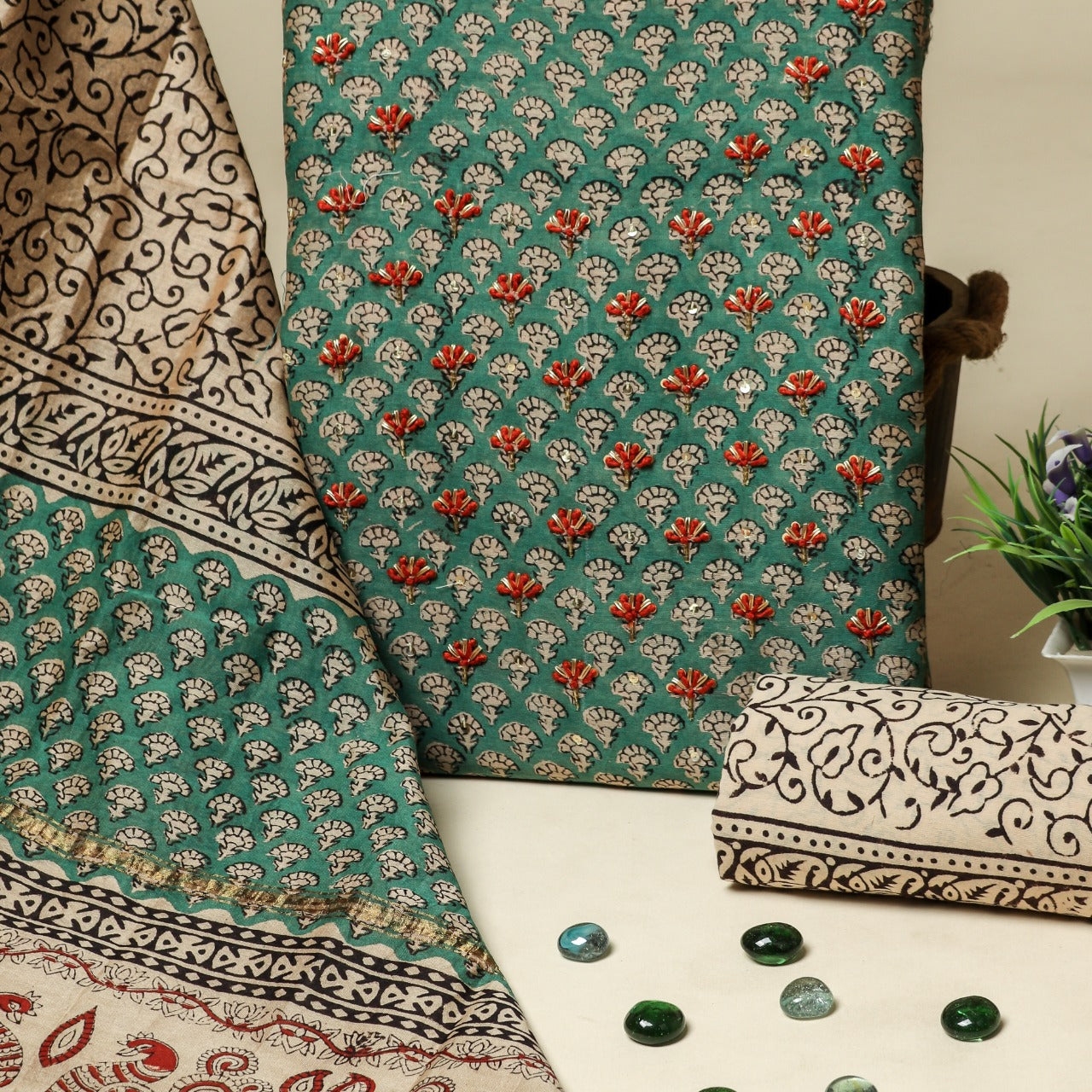 Shop hand work chanderi silk suit sets online shopping (GOTA283)