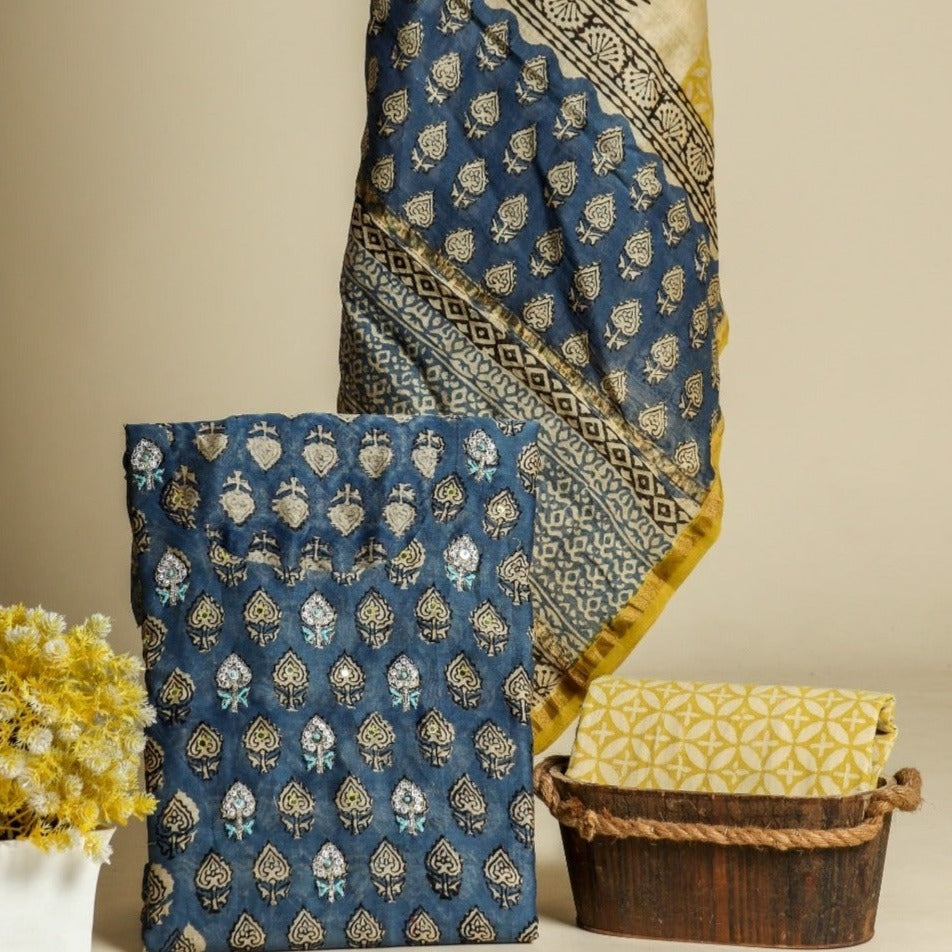 Shop unstitched chanderi silk suit set (GOTA288)