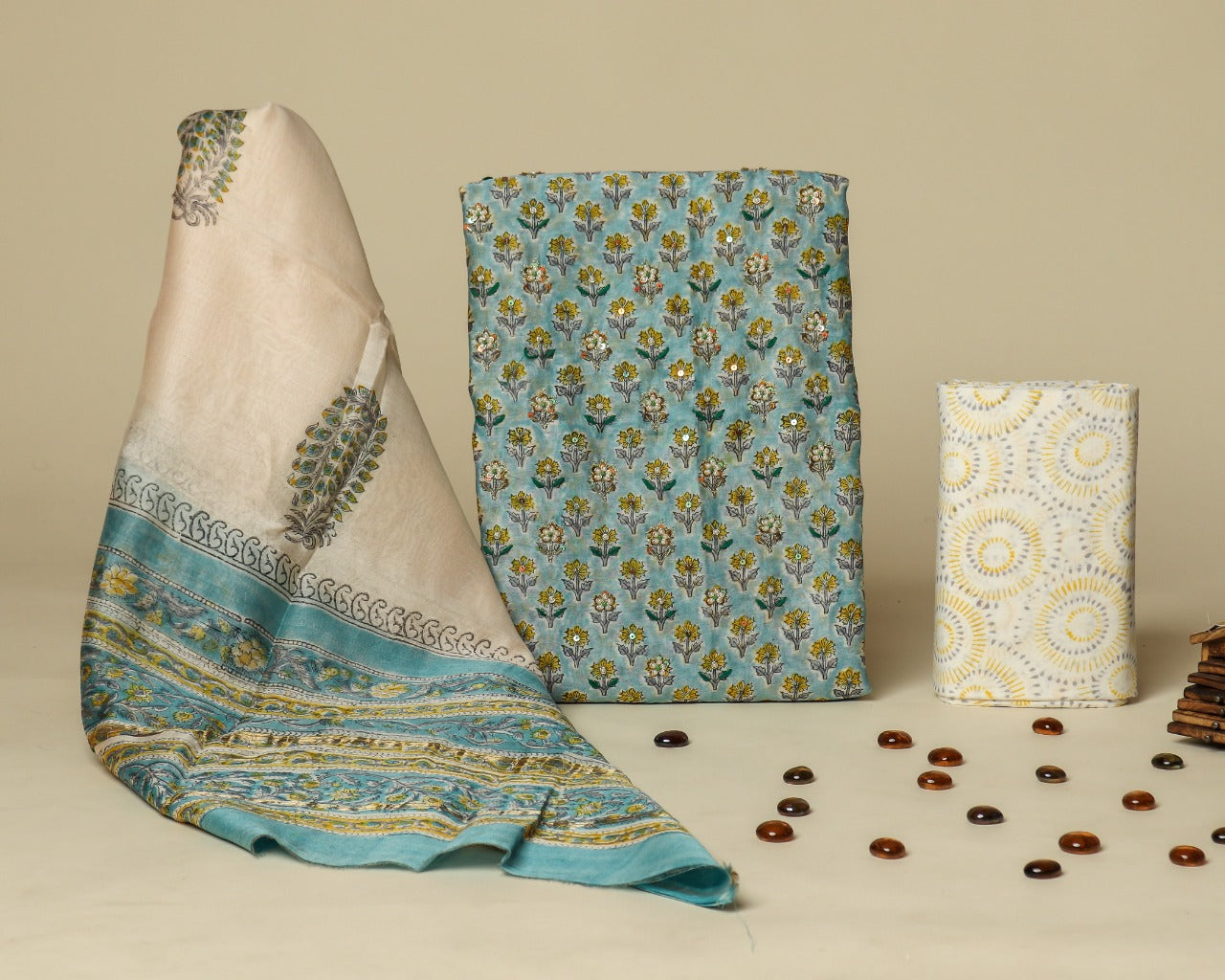 Shop unstitched chanderi silk hand work suit sets (GOTA334)