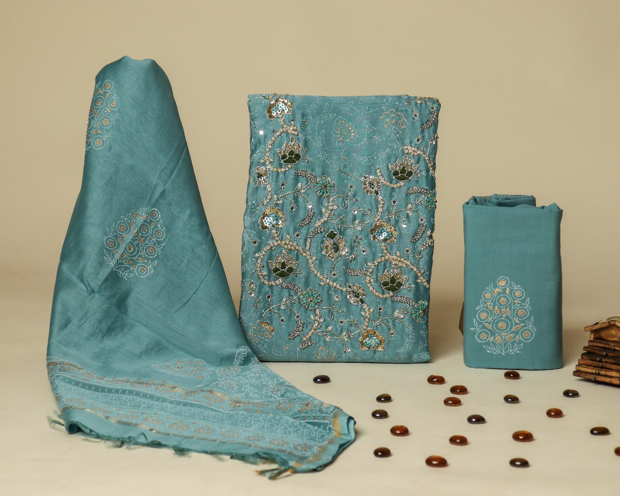 Shop aari zardosi work chanderi silk suit sets in jaipur (GOTA337)