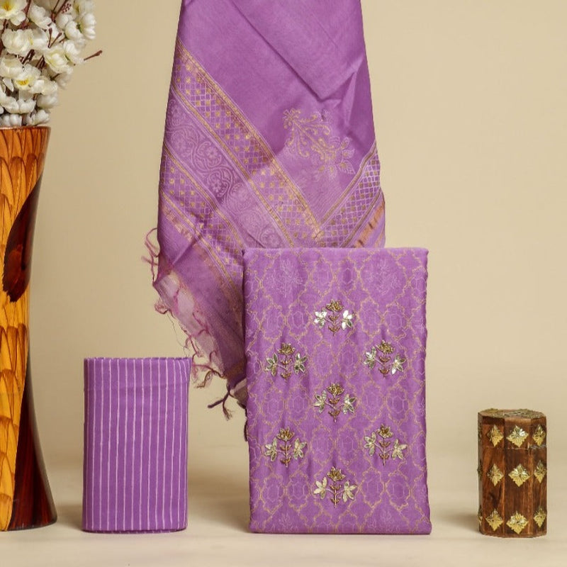 Shop unstitched hand work chanderi silk suit sets online (GOTA357)