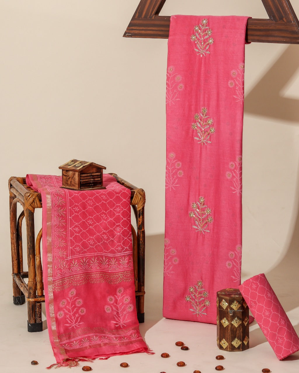 Shop jaipuri print hand work chanderi silk suit sets online (GOTA392)
