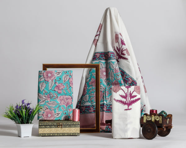 Shalvi's Hand Block Floral Print Pure Cotton Suit material with Mulmul Dupatta (PRMUL107)