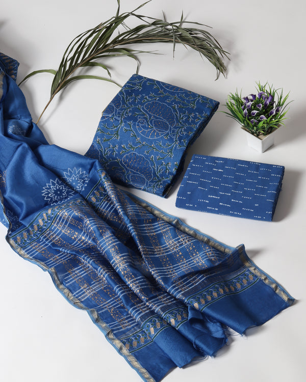Shop Unstitched Hand Block Print Maheshwari Silk Suit Sets online