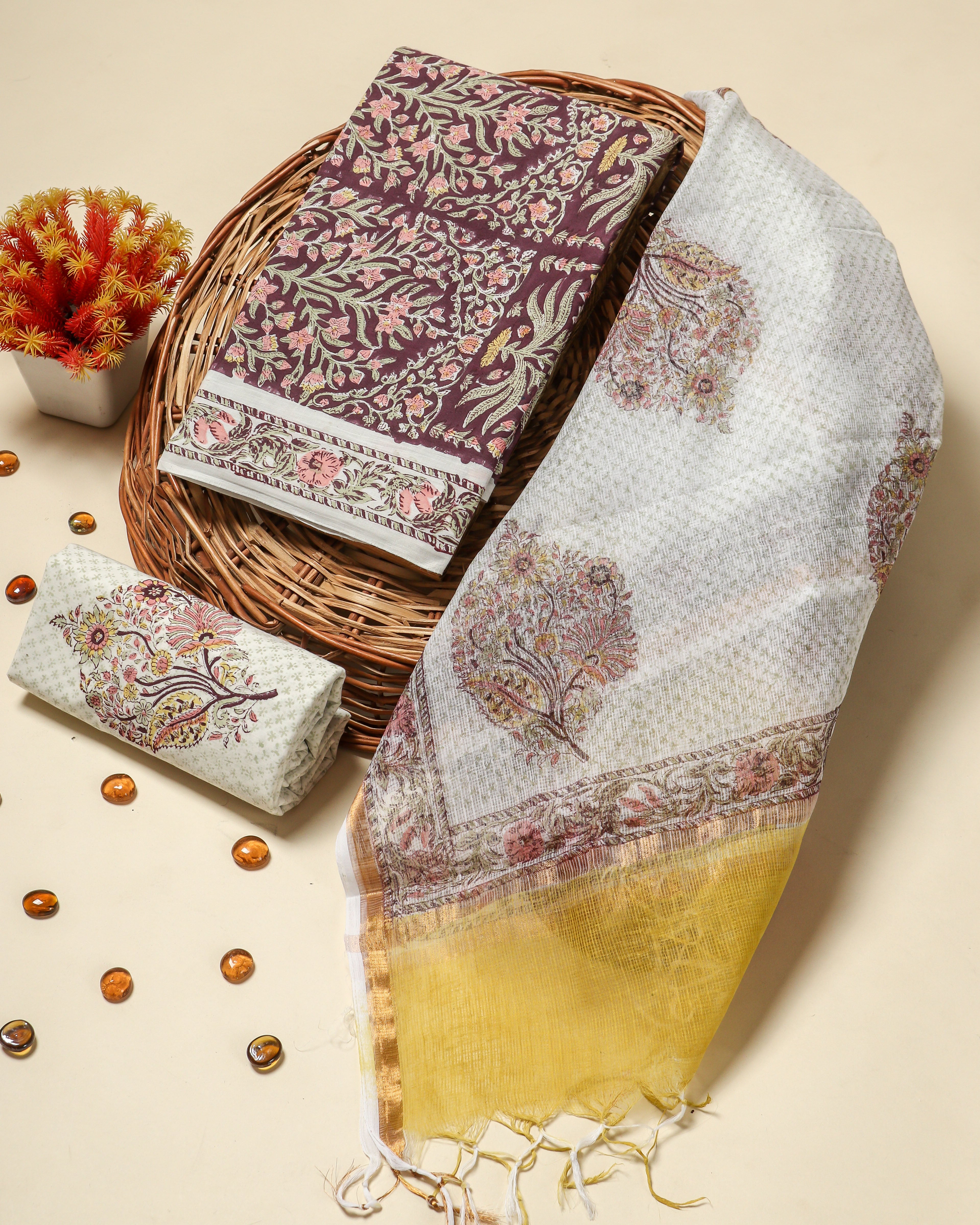 Shalvi's Hand Block Print Cotton Suit Set with Kota Doria Dupatta (3CKD685)