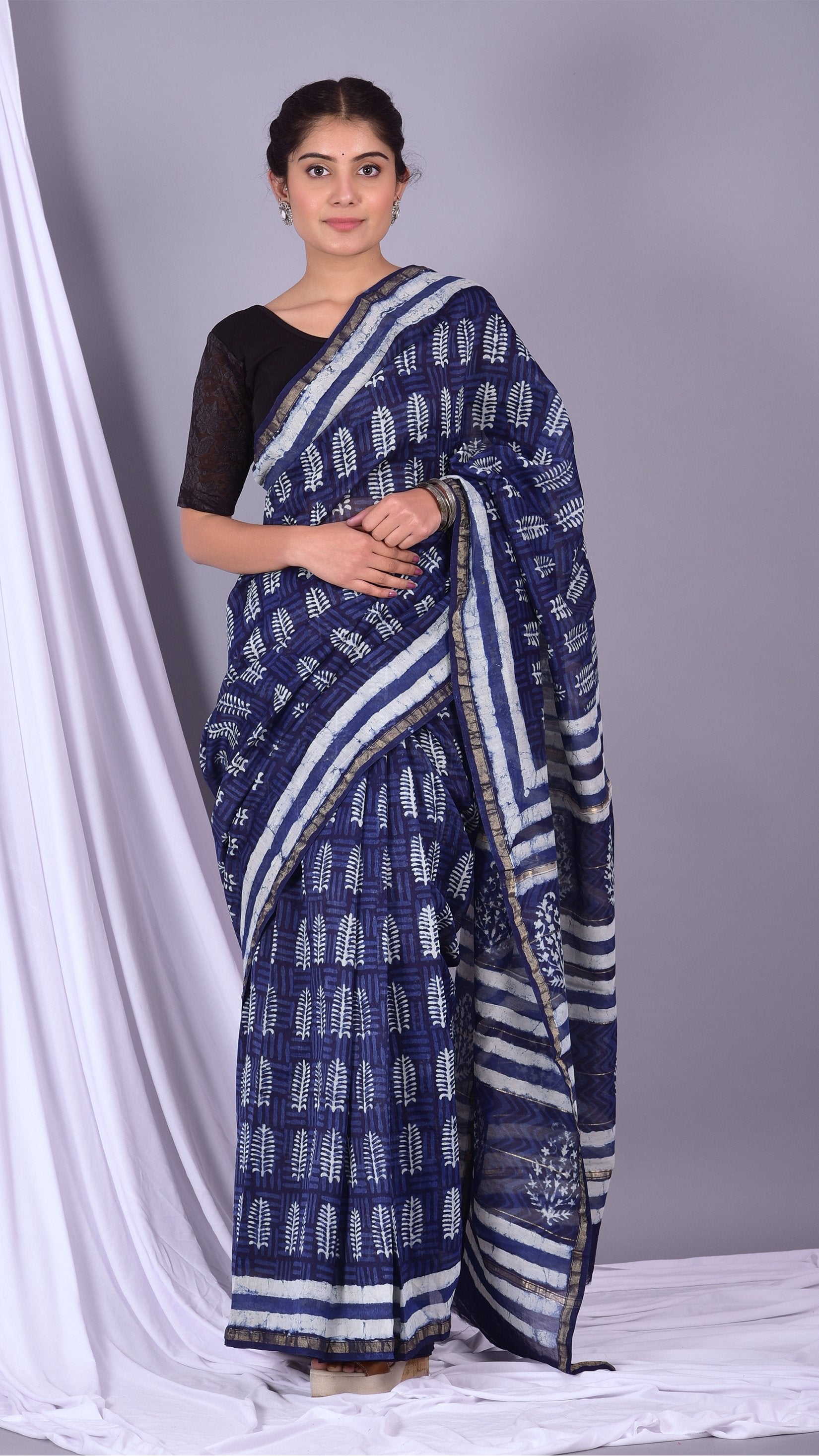 Beautifully Hand carfted Chanderi Indigo Saree (INDCH01) - ShalviFashion