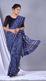 Beautifully Hand carfted Chanderi Indigo Saree (INDCH06) - ShalviFashion