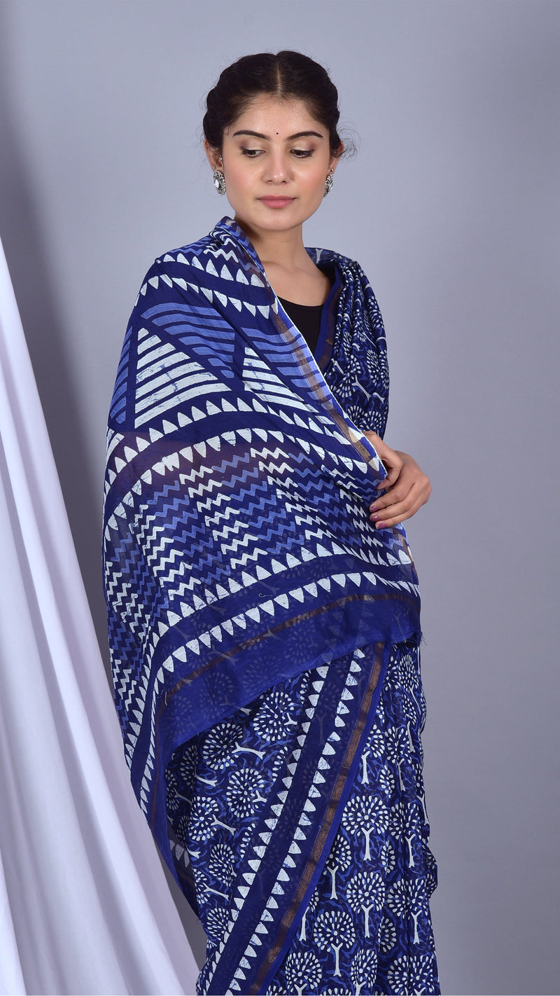 Beautifully Hand carfted Chanderi Indigo Saree (INDCH06) - ShalviFashion