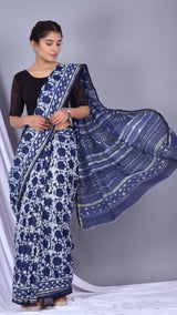 Beautifully Hand carfted Chanderi Indigo Saree (INDCH07) - ShalviFashion